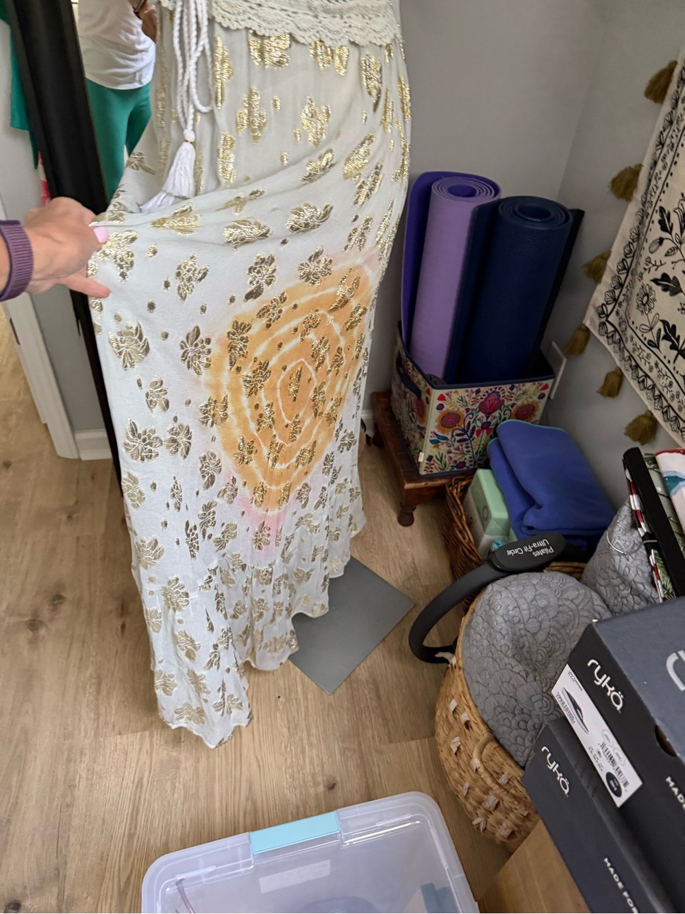 POL Bohemian Maxi Dress in Cream Crochet,Shells Beads, Mustard & Gold Metallic - Picture 7 of 10